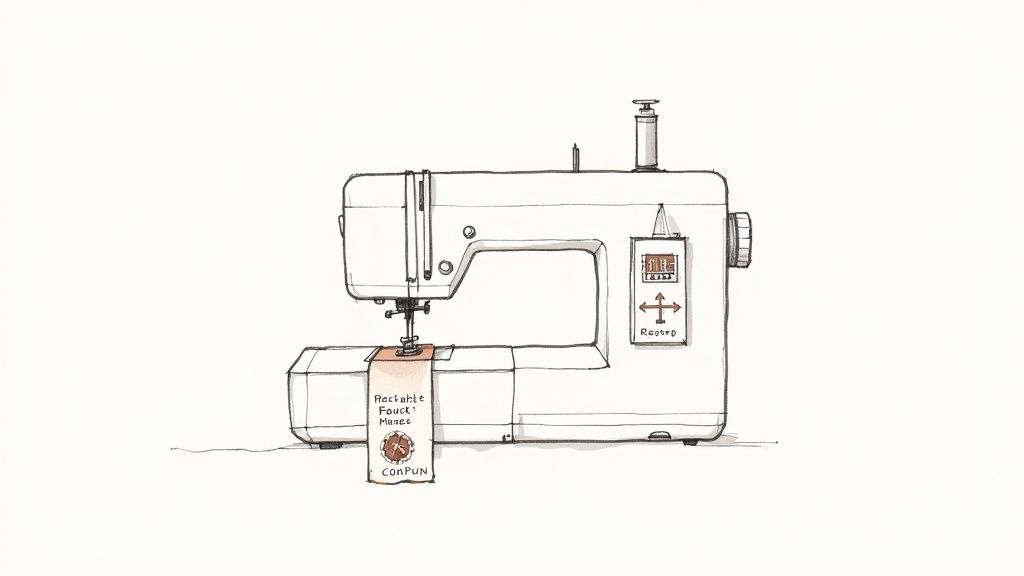 A modern sewing machine set up on a wooden table with threads and fabric, ready for a new project.