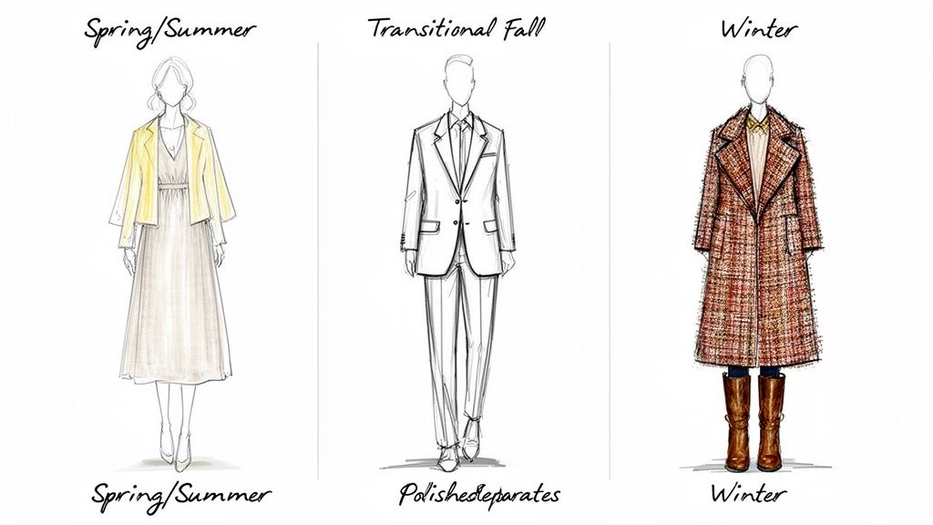Three fashion illustrations displaying seasonal outfits: Spring/Summer dress, Transitional Fall suit, and Winter coat.