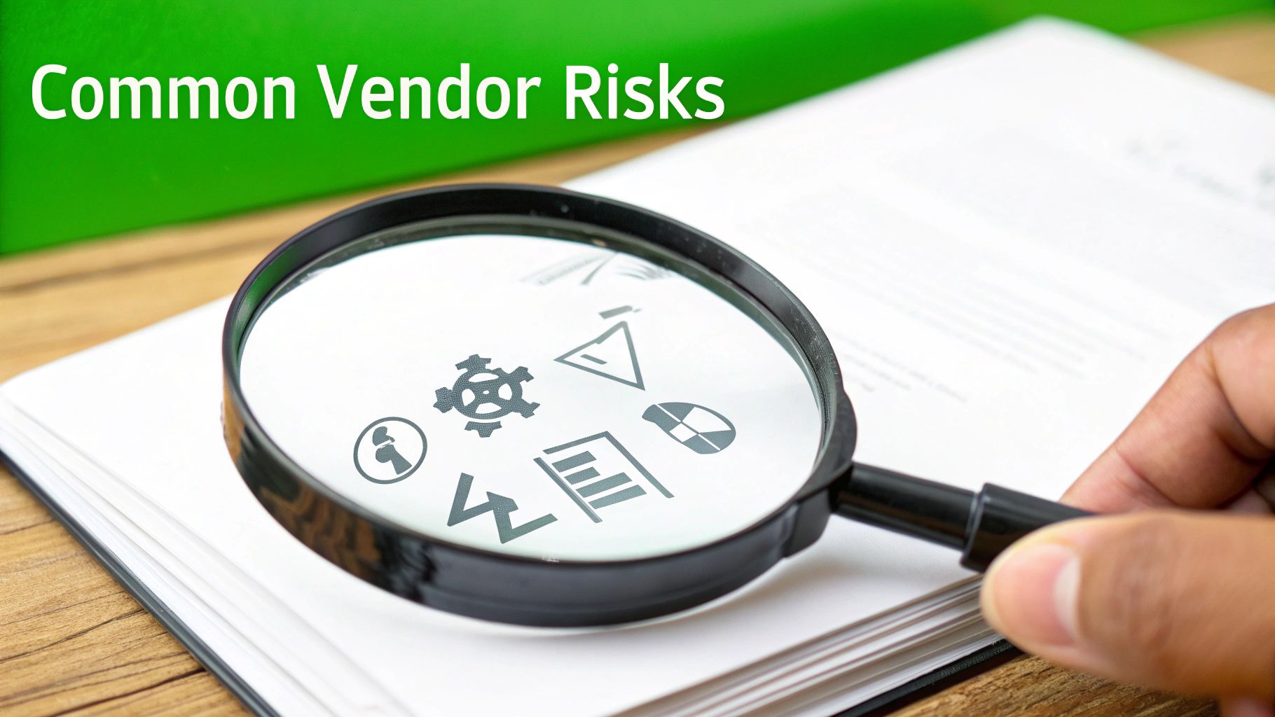 A magnifying glass hovering over several icons representing different types of business risks like cybersecurity, operational, and compliance.