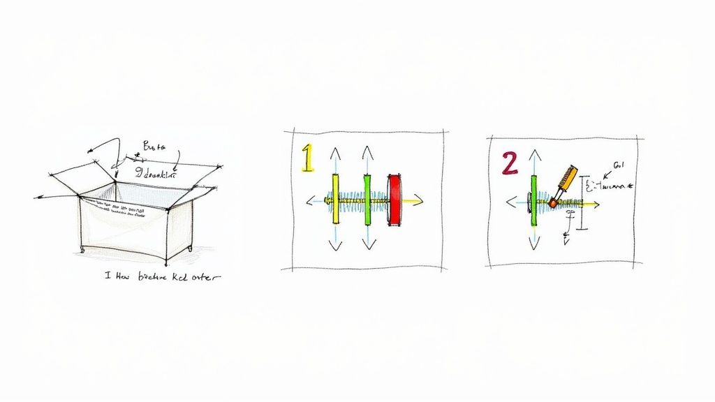 Three conceptual sketches showing a box design and two mechanical diagrams with springs and levers.