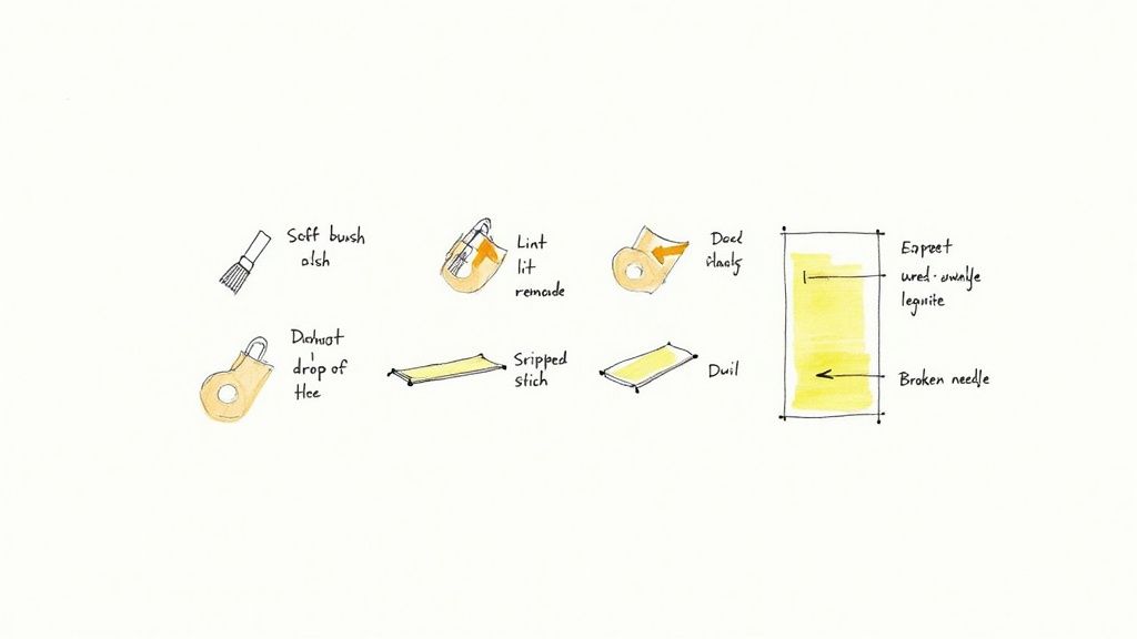 Diagram showing common sewing machine problems including broken needles, skipped stitches, and thread tension issues