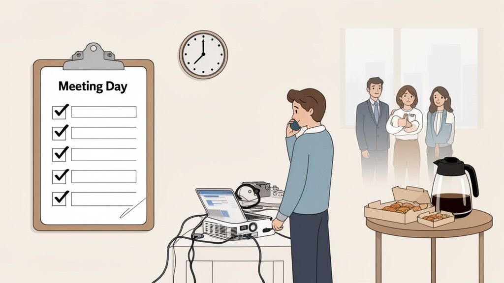 A man sets up a laptop and projector for a meeting, with a checklist and refreshments.