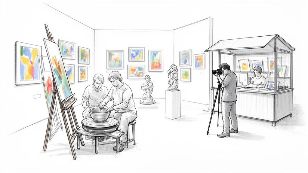 People engage in various art activities, including pottery, photography, and art sales, in a vibrant studio.