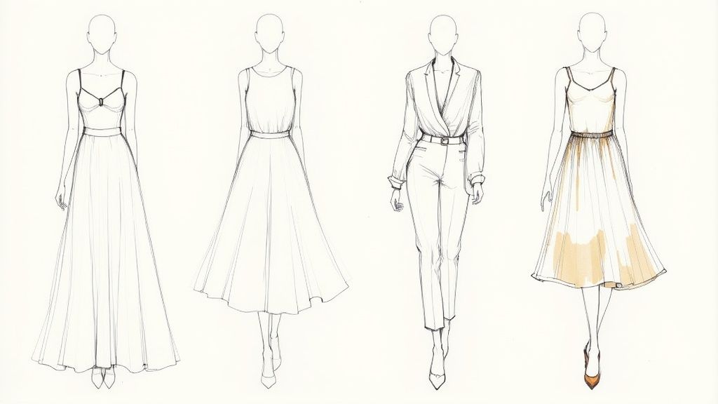 Four fashion illustrations showcasing various women's semi-formal and formal wedding guest attire options.