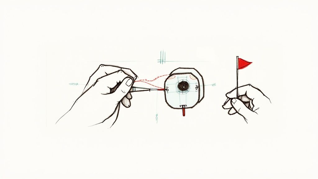 A close-up of a person's hands performing a DIY sewing machine repair with small tools.