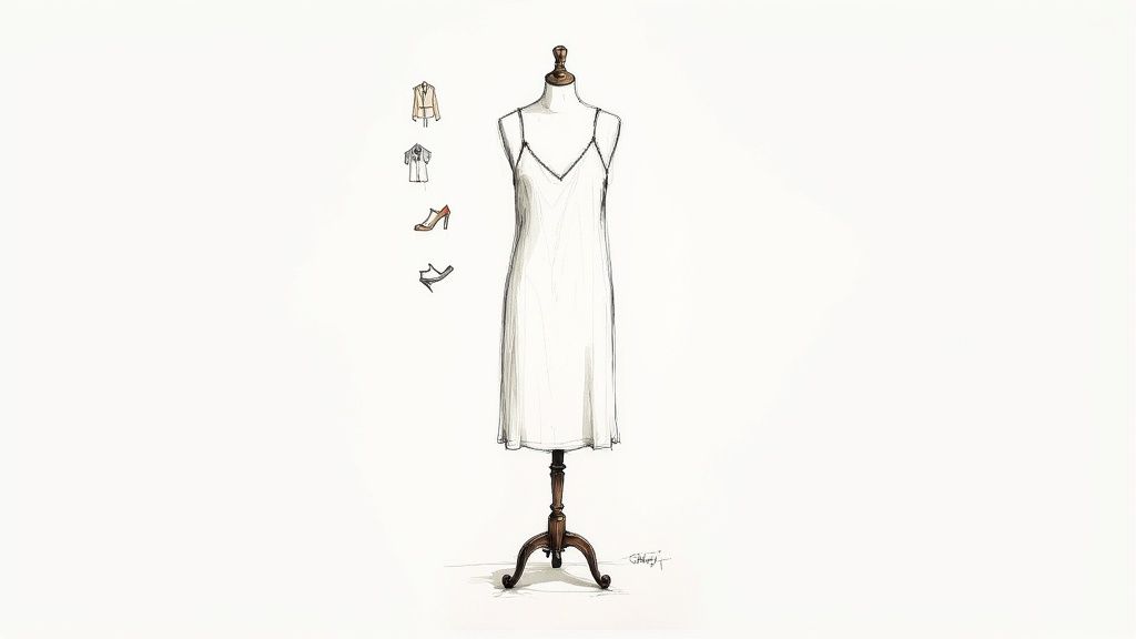 White silk slip dress on vintage mannequin with styling accessories including jacket and heels