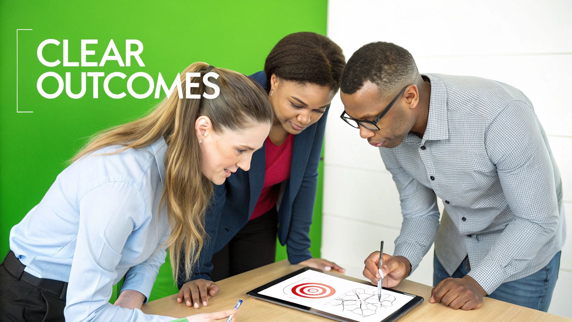 Three diverse business professionals collaborating around tablet displaying target and strategic planning diagrams