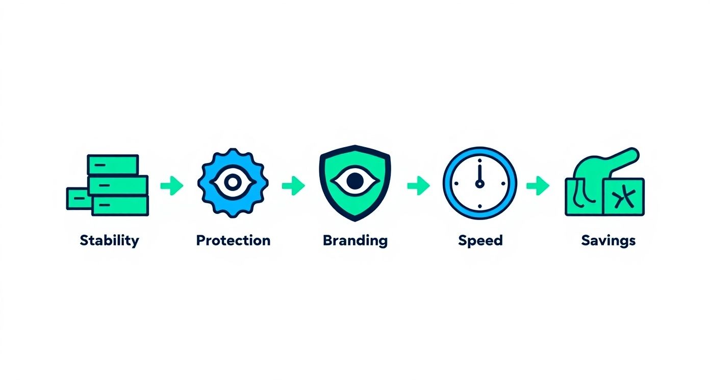 Infographic showing five icons and their benefits: Stability, Protection, Branding, Speed, and Savings.