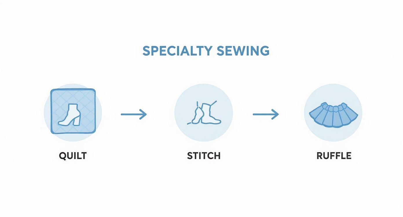Specialty sewing techniques diagram showing quilt, stitch, and ruffle steps with arrows connecting them