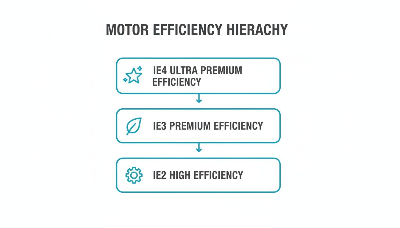 Motor efficiency hierarchy chart displaying IE4 ultra premium, IE3 premium, and IE2 high efficiency levels.