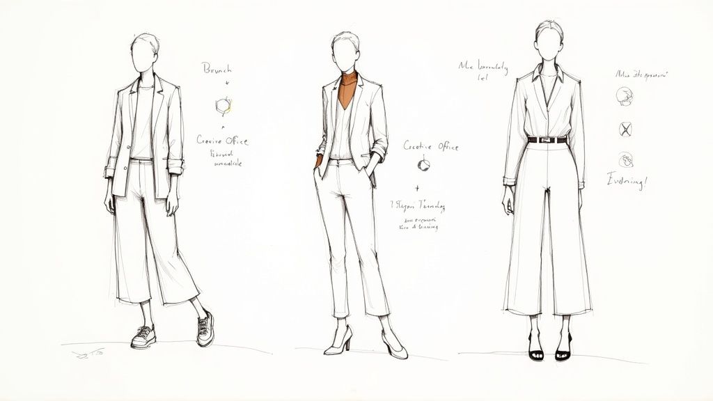 Fashion sketch showing three minimalist women's business outfits with blazers and tailored pants