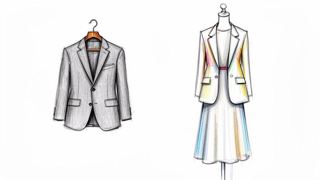 Fashion sketches of a grey men's suit jacket on a hanger and a white women's suit dress.