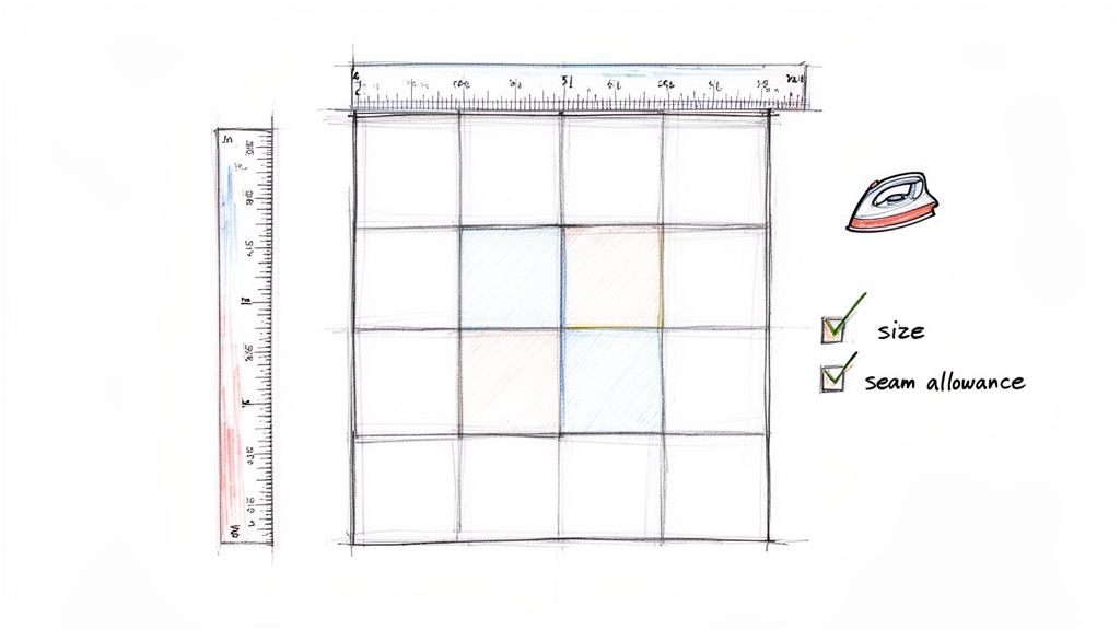 A hand-drawn sketch of a quilt block grid with rulers, an iron, and checked boxes for size and seam allowance.