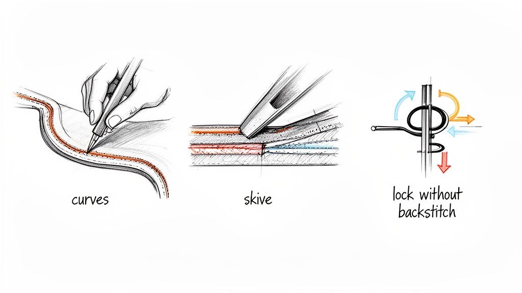 Illustrations depict a hand tooling curves, a skiving knife thinning leather layers, and a diagram of a lock stitch without backstitch.