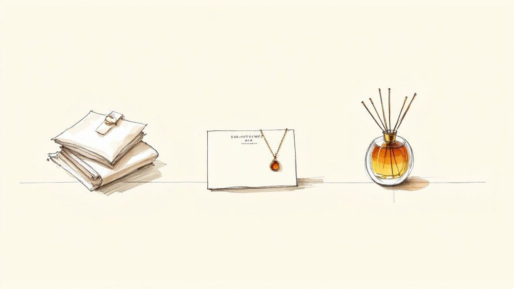 A watercolor illustration showing a stack of folded items, a necklace on a card, and a reed diffuser.