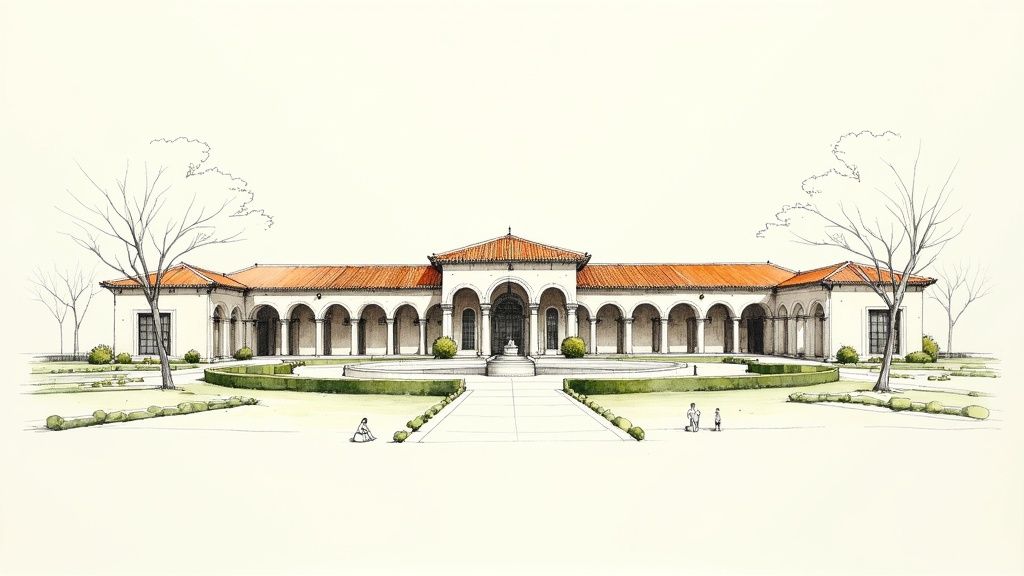 Watercolor sketch of a grand building featuring arches, a red tiled roof, and a serene landscaped courtyard.