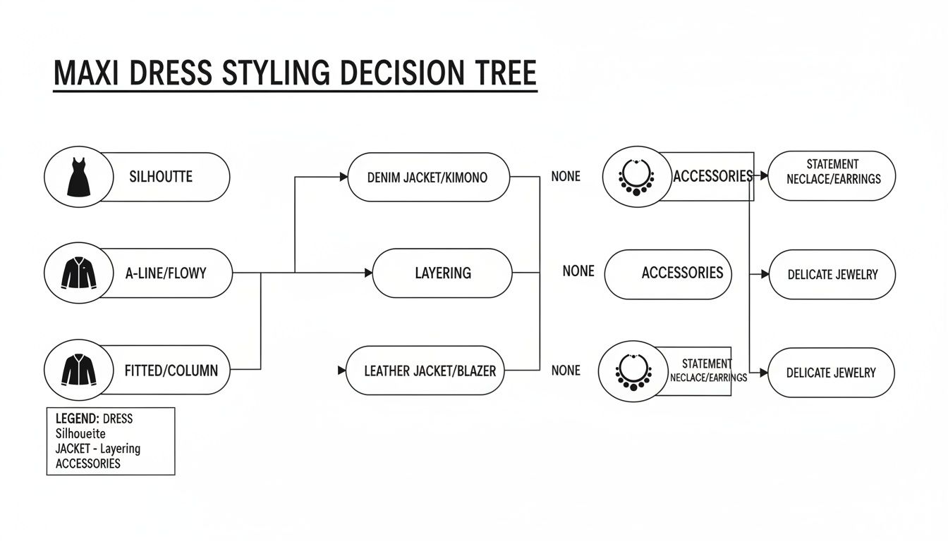 A black and white decision tree flowchart illustrating different maxi dress styling options with jackets and accessories.