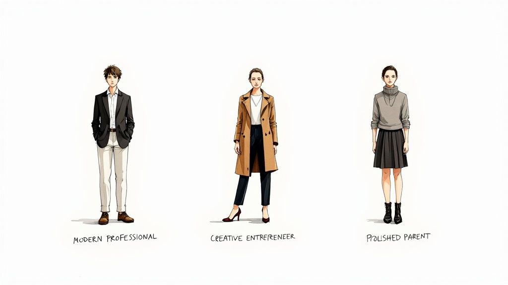 Three illustrations showing distinct fashion styles: modern professional, creative entrepreneur, and polished parent.