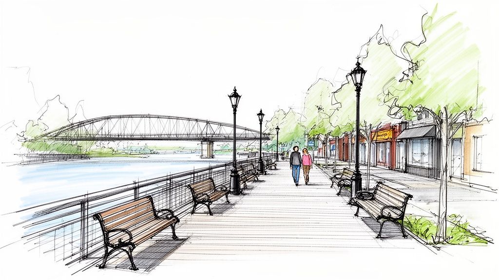 A colorful architectural sketch of a lively riverside promenade with a couple walking, shops, and a bridge.