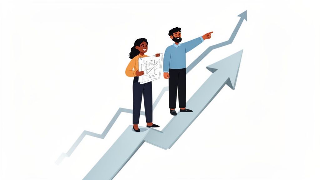 Two business partners, a man and a woman, stand on an upward arrow, pointing towards future growth.