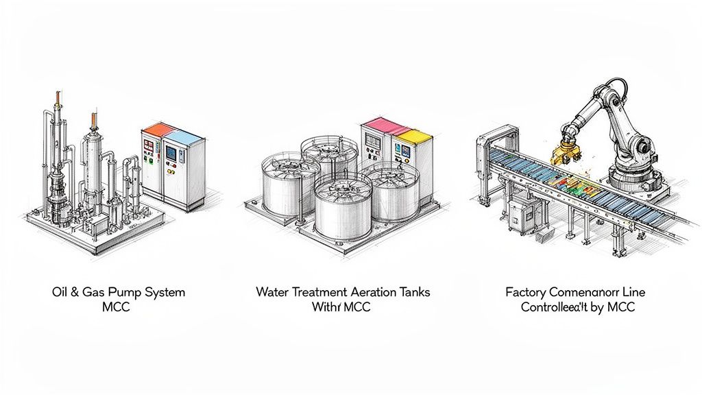 Three industrial systems: oil & gas pump, water treatment tanks, and factory conveyor line, all with MCC control.