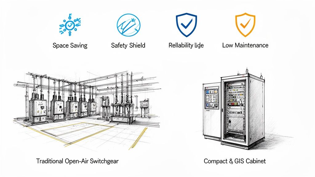 Comparison of traditional open-air switchgear and compact gas insulated switchgear with key benefits.