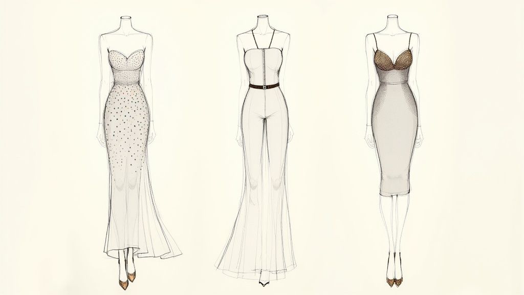 Three elegant fashion sketches: a strapless gown, a halter jumpsuit, and a fitted dress.
