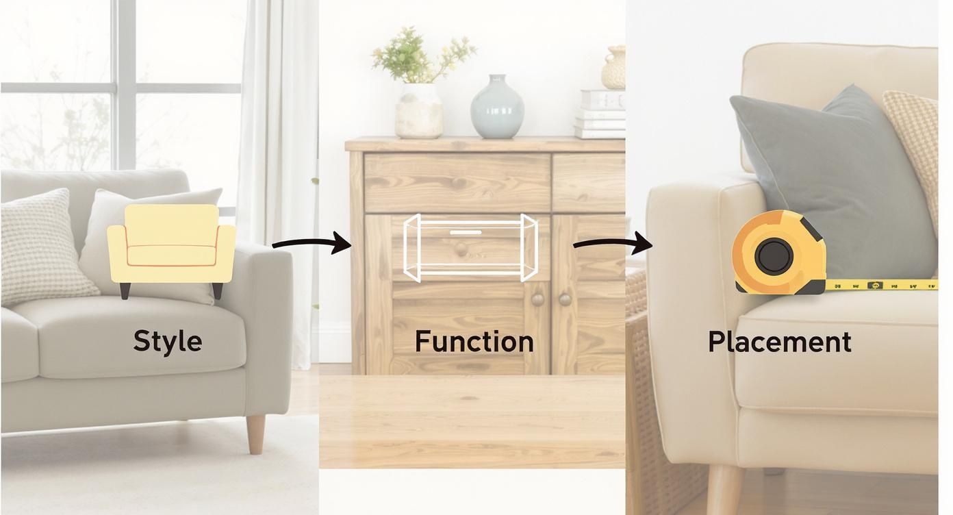 Interior design guide showing style, function, and placement steps for selecting furniture with measuring tape