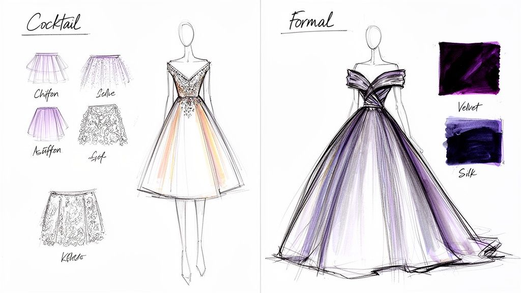 Illustrations of cocktail and formal dresses with fabric swatches like chiffon, tulle, velvet, and silk.