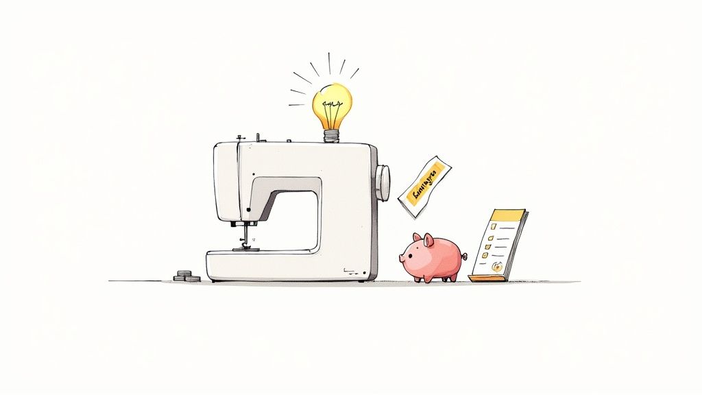 A person using a sewing machine to work on a colorful quilt.