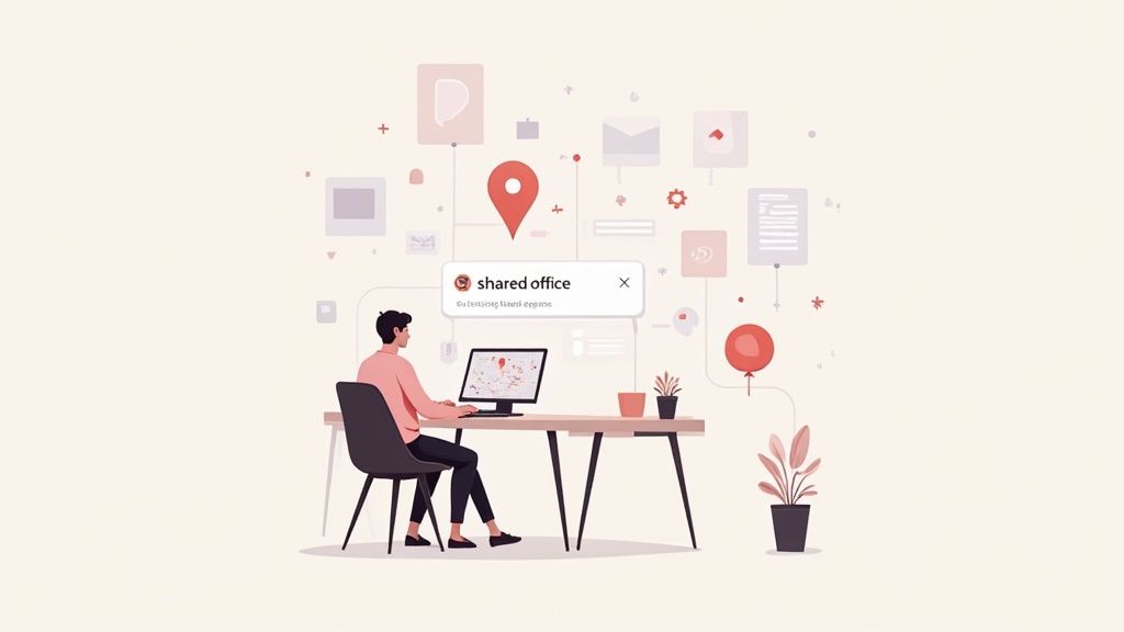 A person works on a laptop displaying a map, surrounded by network icons and a 'shared office' search.