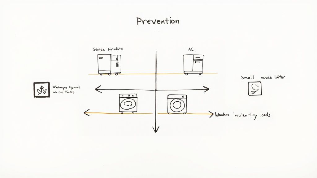 A hand-drawn diagram illustrating various prevention strategies for household appliances like AC and washers.