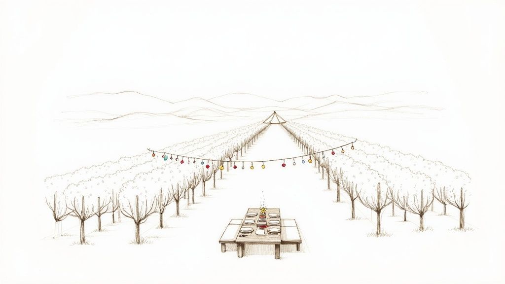 An illustration of an outdoor birthday party table set in a vineyard with colorful lights.