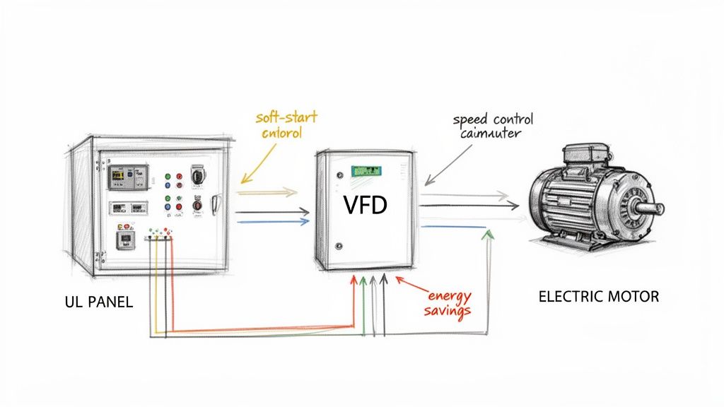Diagram illustrating a UL panel connected to a VFD controlling an electric motor, highlighting energy savings.