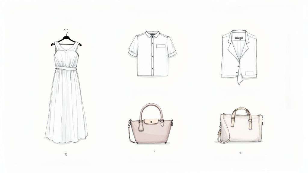 Fashion sketches of a white dress, short-sleeved shirt, blazer, and two women's handbags.