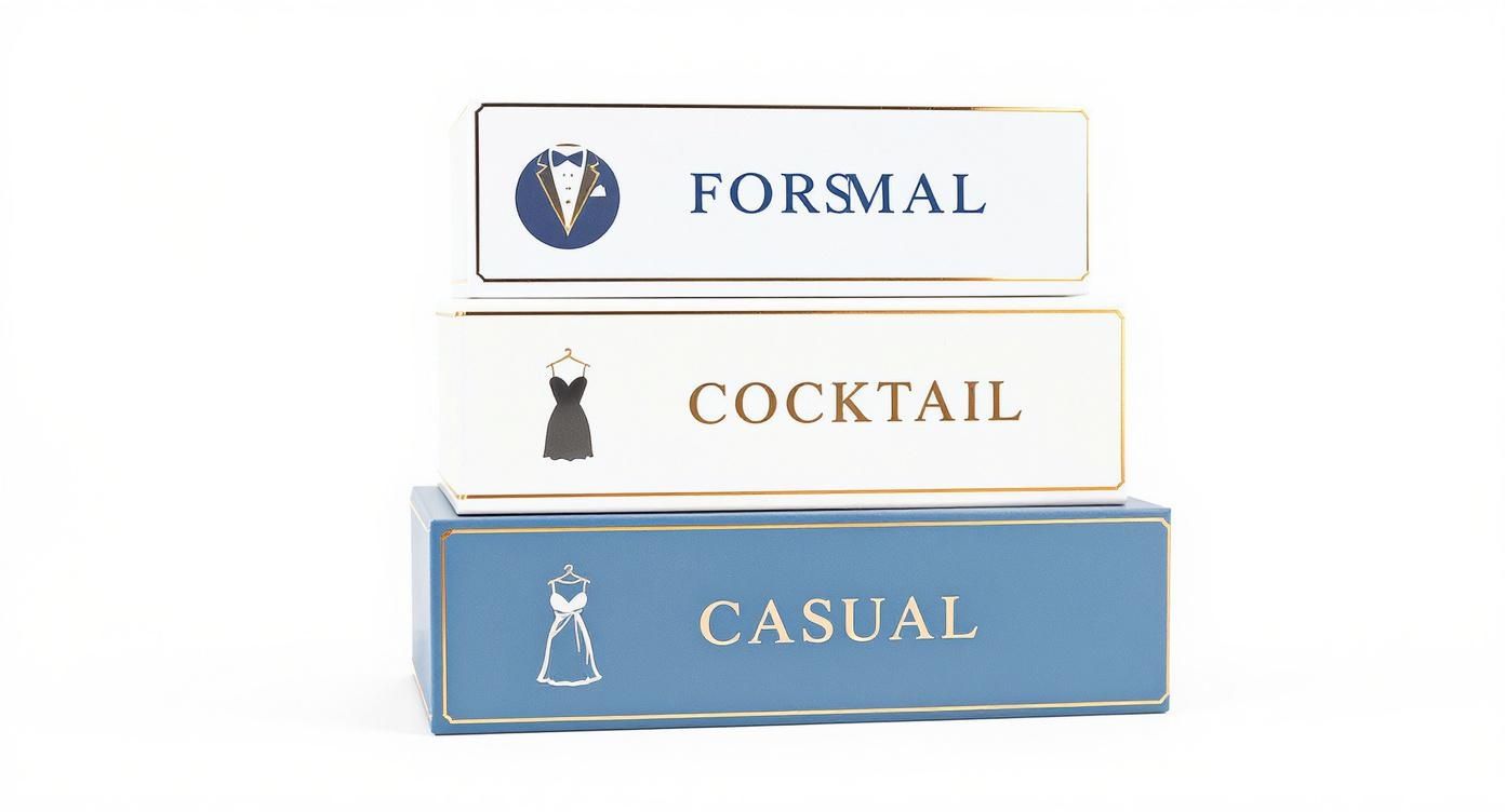 Three stacked boxes display different dress codes: Formal, Cocktail, and Casual attire with icons.