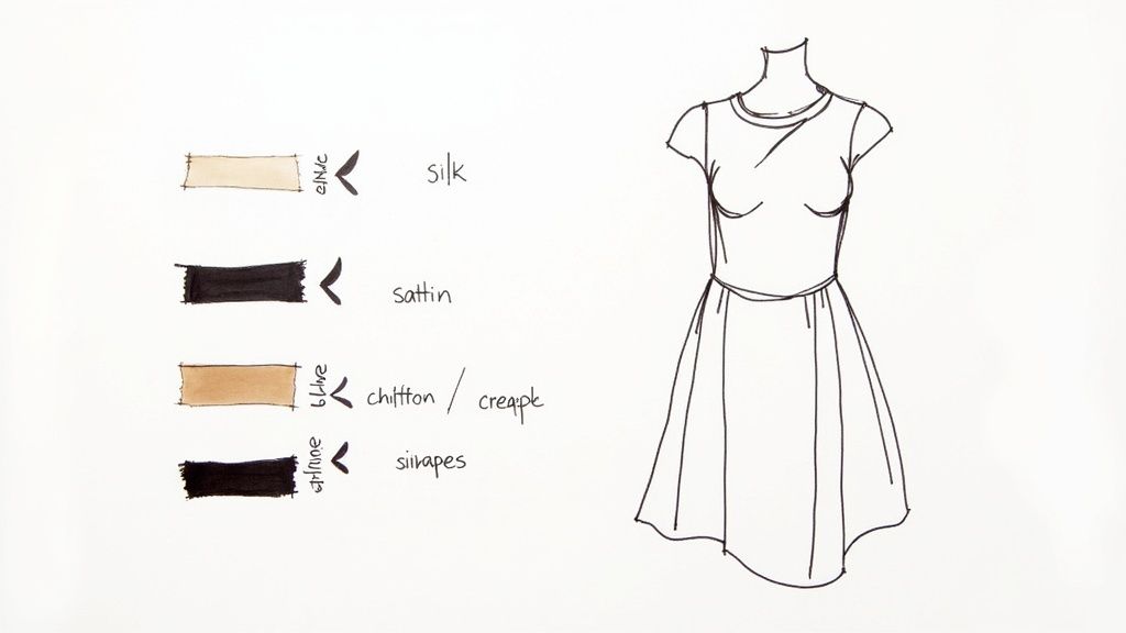 Illustration of a semi-formal dress alongside fabric swatches showing silk, satin, chiffon, and crepe textures.
