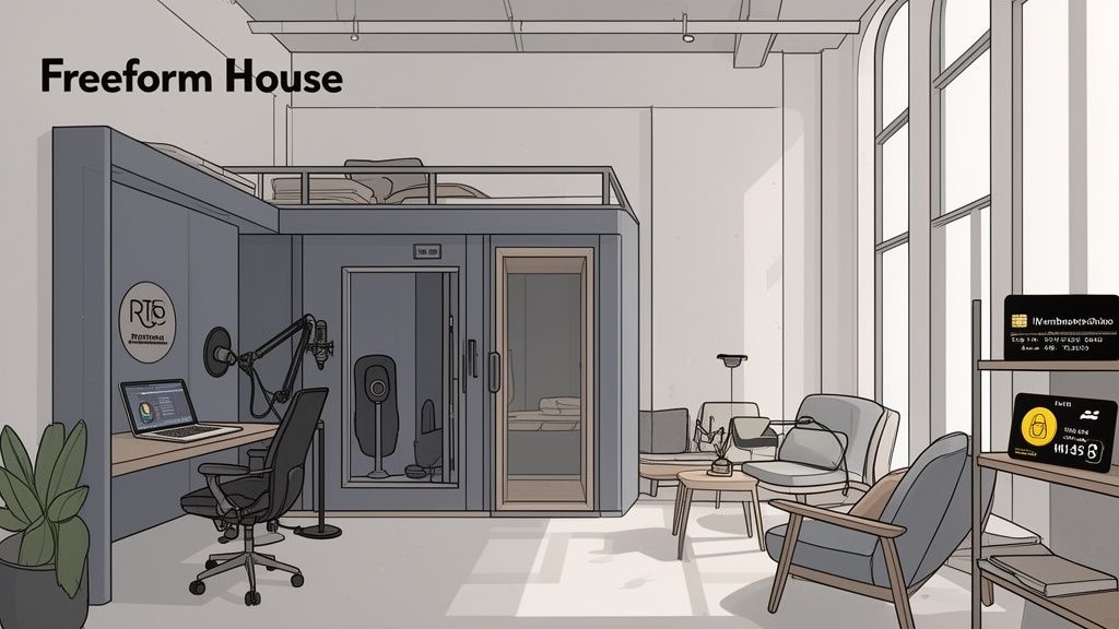 A photograph of a modern, inviting co-working space with comfortable seating, good lighting, and people working collaboratively.