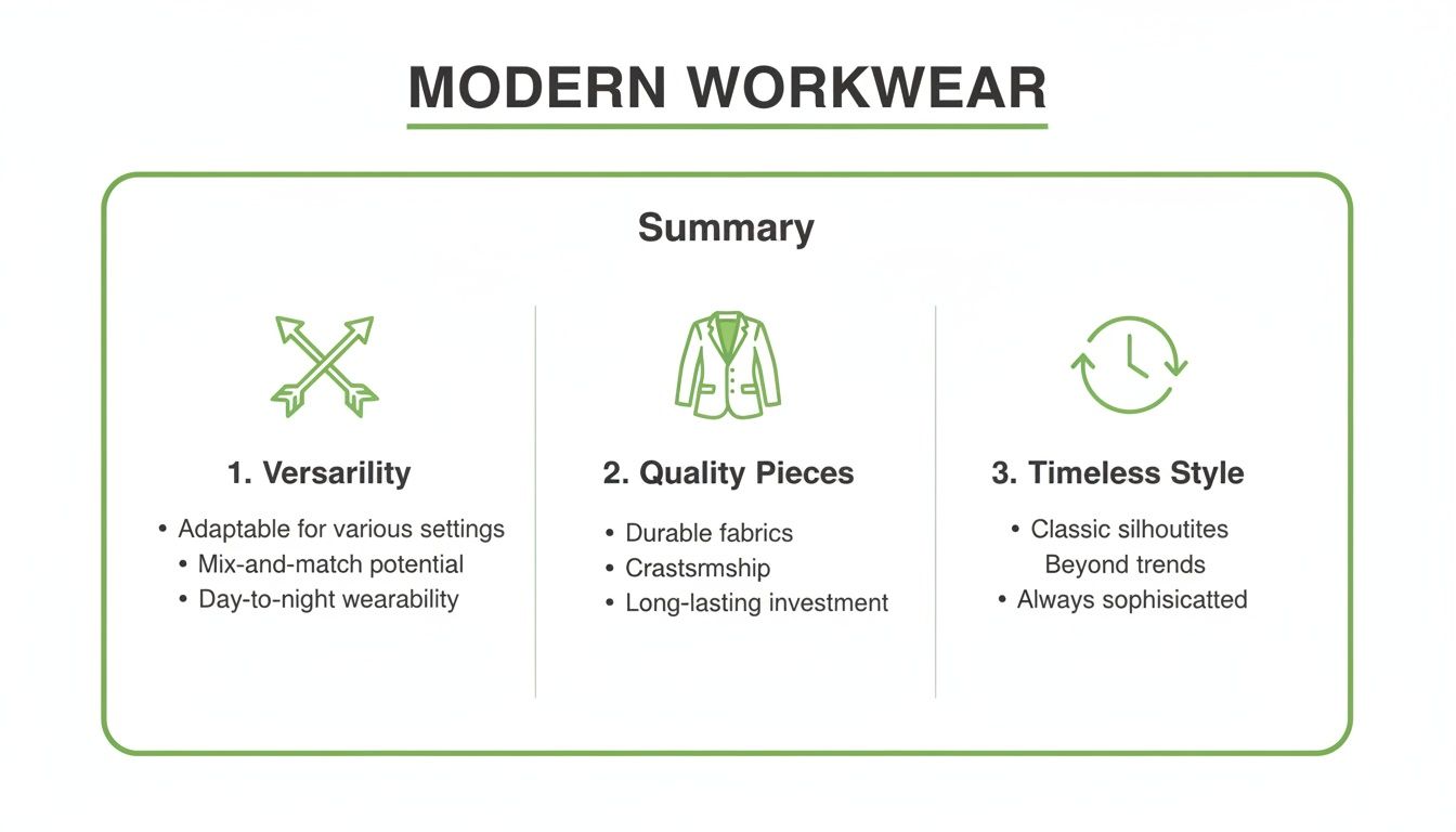 A diagram summarizing modern workwear characteristics: versatility, quality pieces, and timeless style.