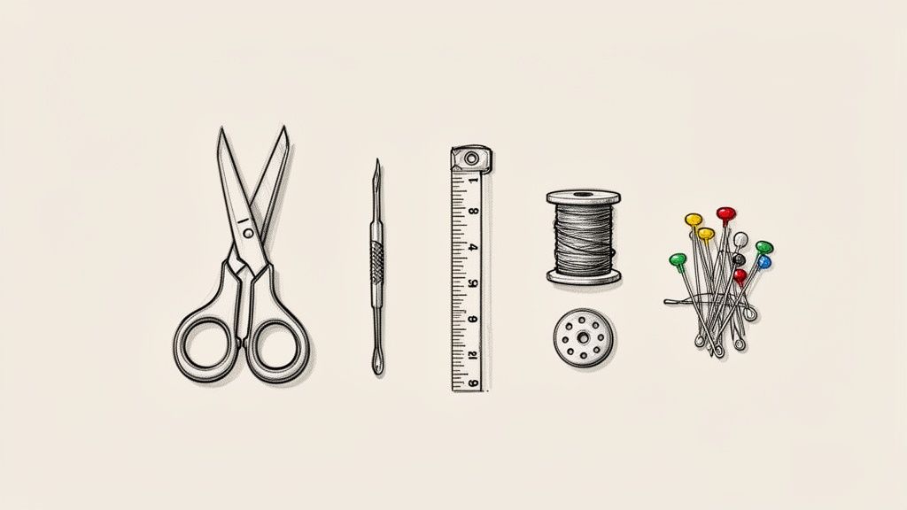 A collection of essential sewing tools including scissors, measuring tape, thread, and colorful pins on a light background.