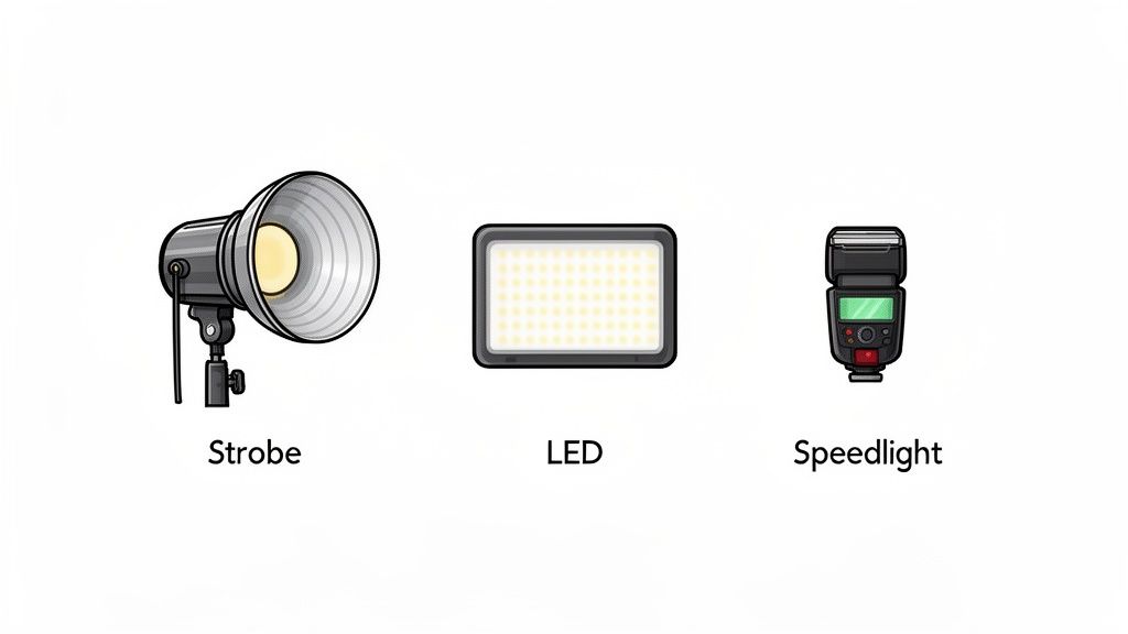 An illustration showing three types of photography lighting equipment: a studio strobe, an LED light panel, and a speedlight.