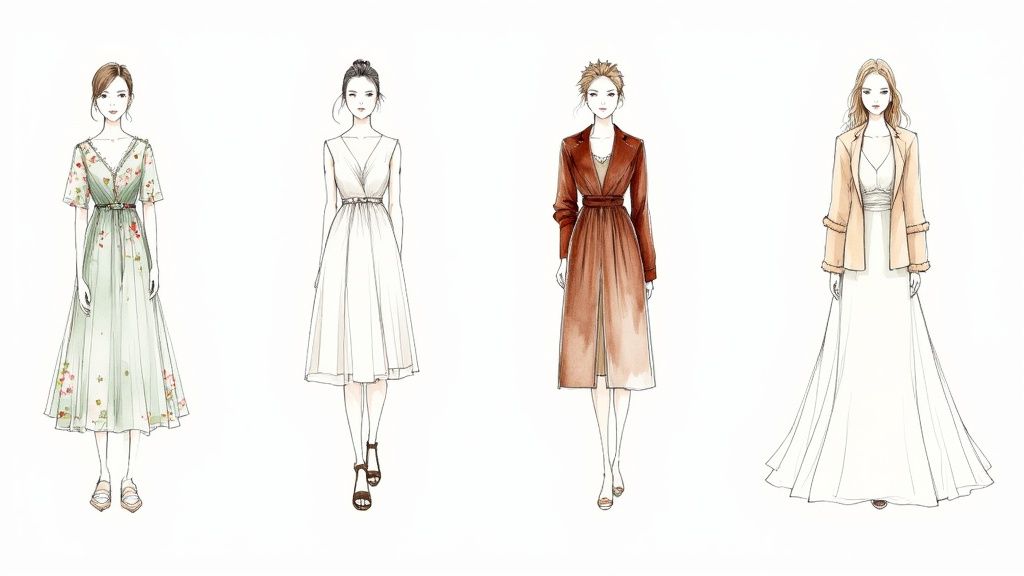 Woman in a floral dress smiling in a garden