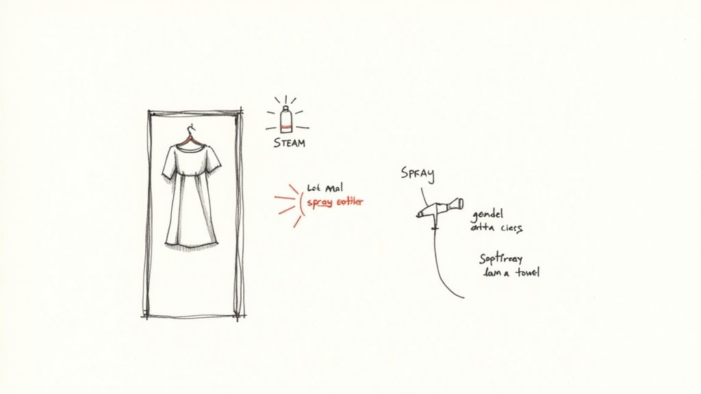 A diagram illustrating methods for de-wrinkling a dress, including steaming and spraying techniques.