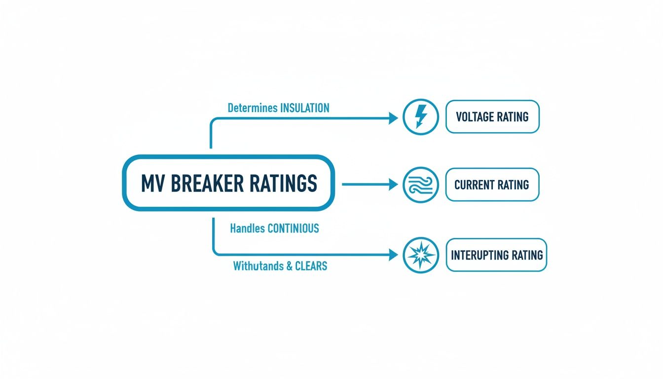 A diagram illustrating MV breaker ratings: voltage, current, and interrupting ratings with their functions.