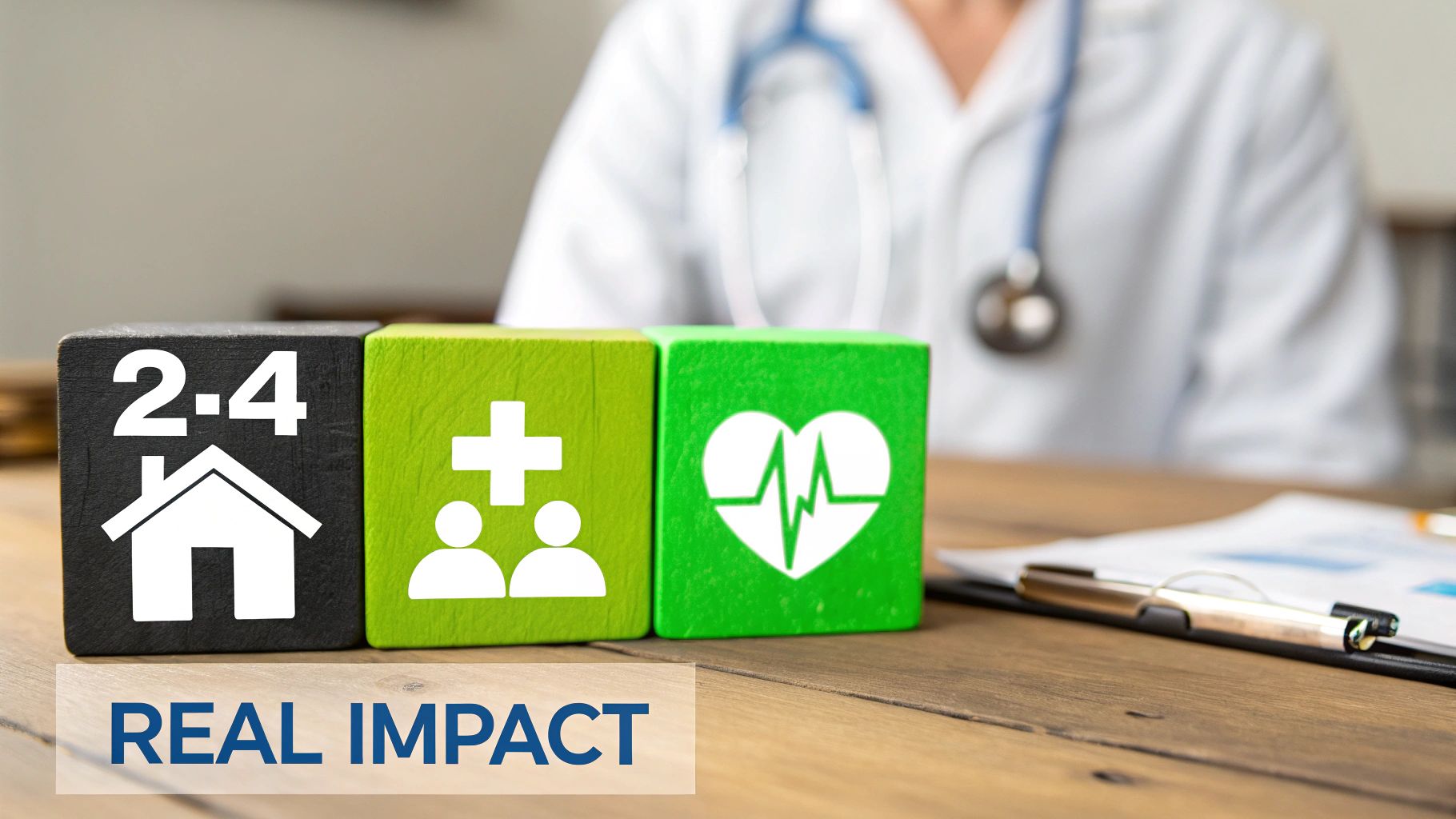 Wooden blocks display home, community, and heart health icons, symbolizing real impact with a doctor.