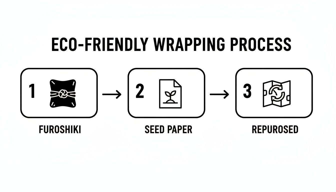Three steps of eco-friendly gift wrapping: Furoshiki, seed paper, and repurposing, shown with icons.