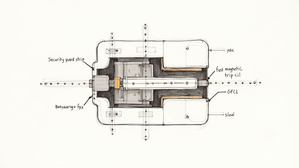Technical sketch of an electrical device's internal components, including security guard strip, GFCI, and trip oil.