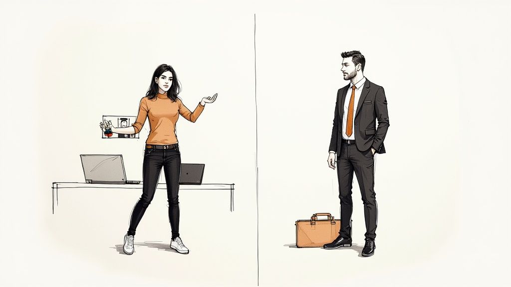 Illustration comparing a casually dressed woman in an office setting and a formally dressed man with a briefcase.