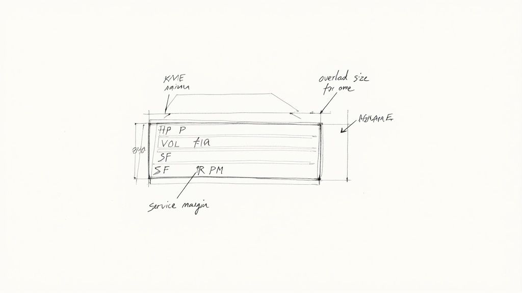 A handwritten technical sketch illustrating a rectangular component with various labels, dimensions, and margins.
