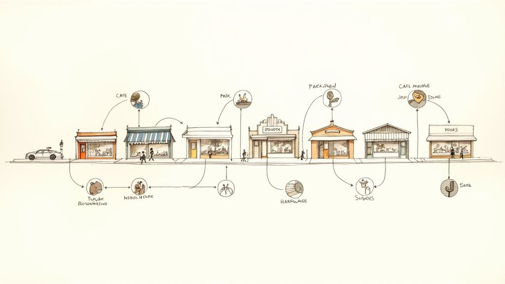 Watercolor illustration showing a vibrant main street with diverse local businesses and community interactions.